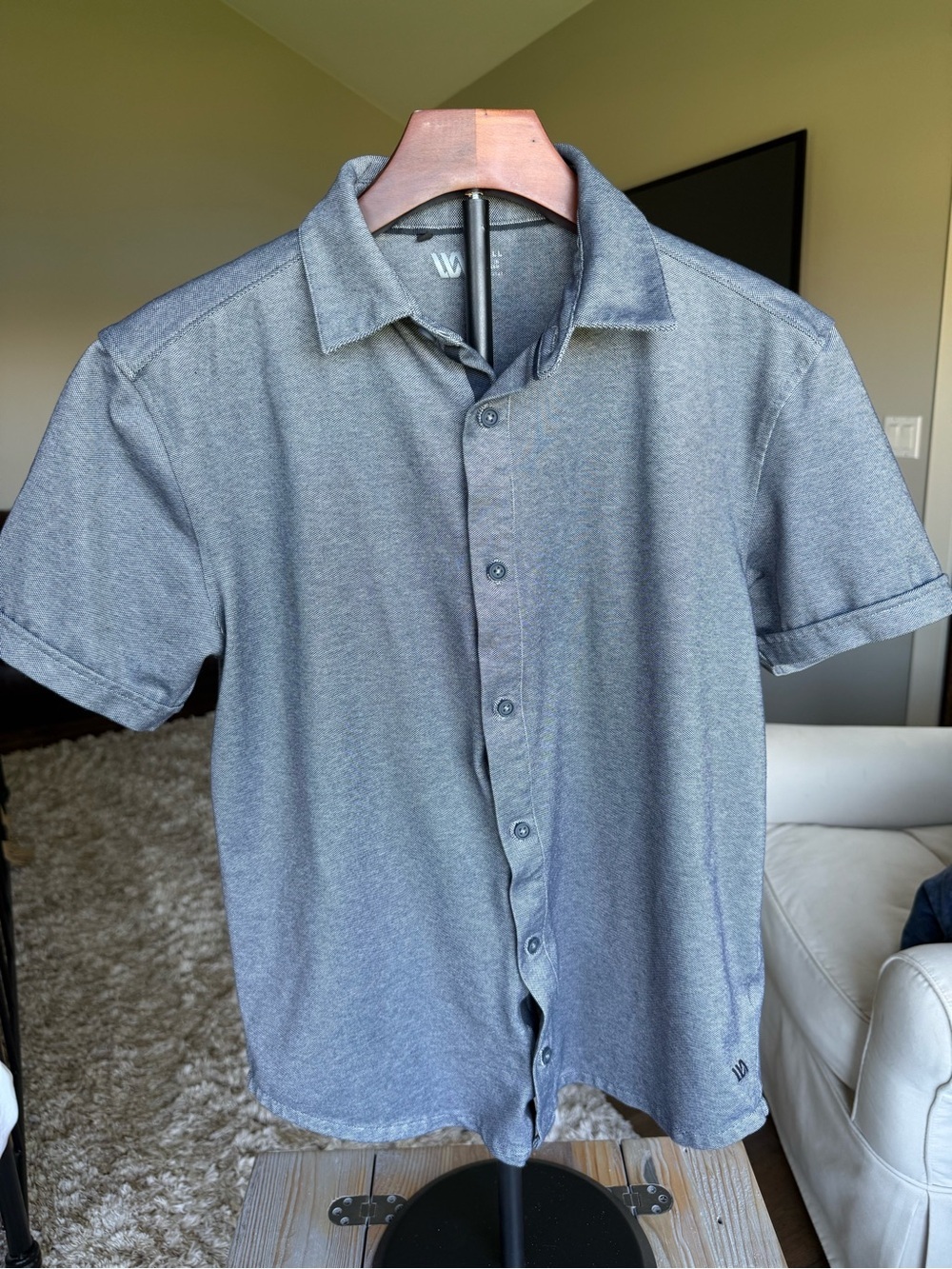 Men's VRST Short-Sleeve Heather Textured Navy Button-Up Shirt Size Small